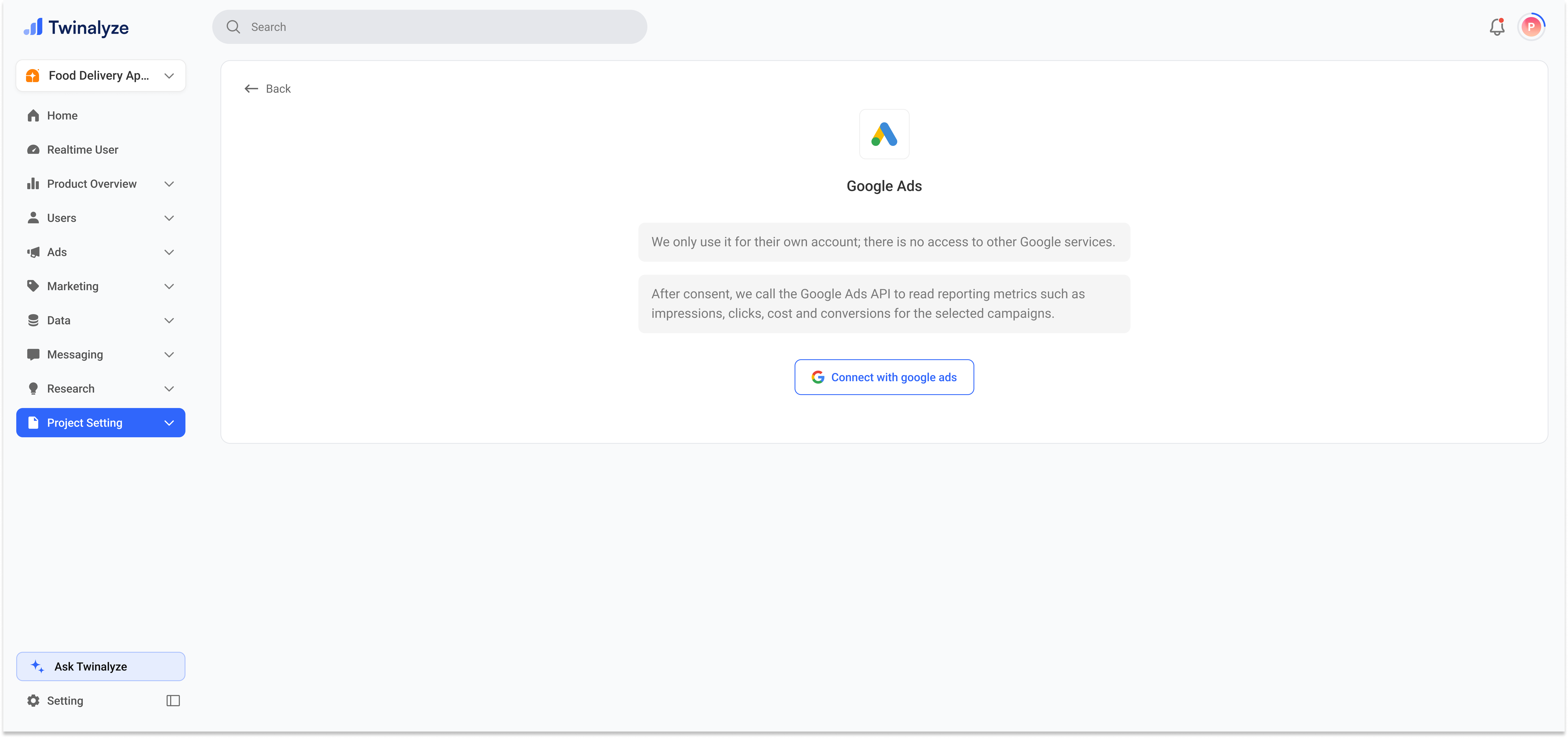 Connect Google Ads with Twinalyze