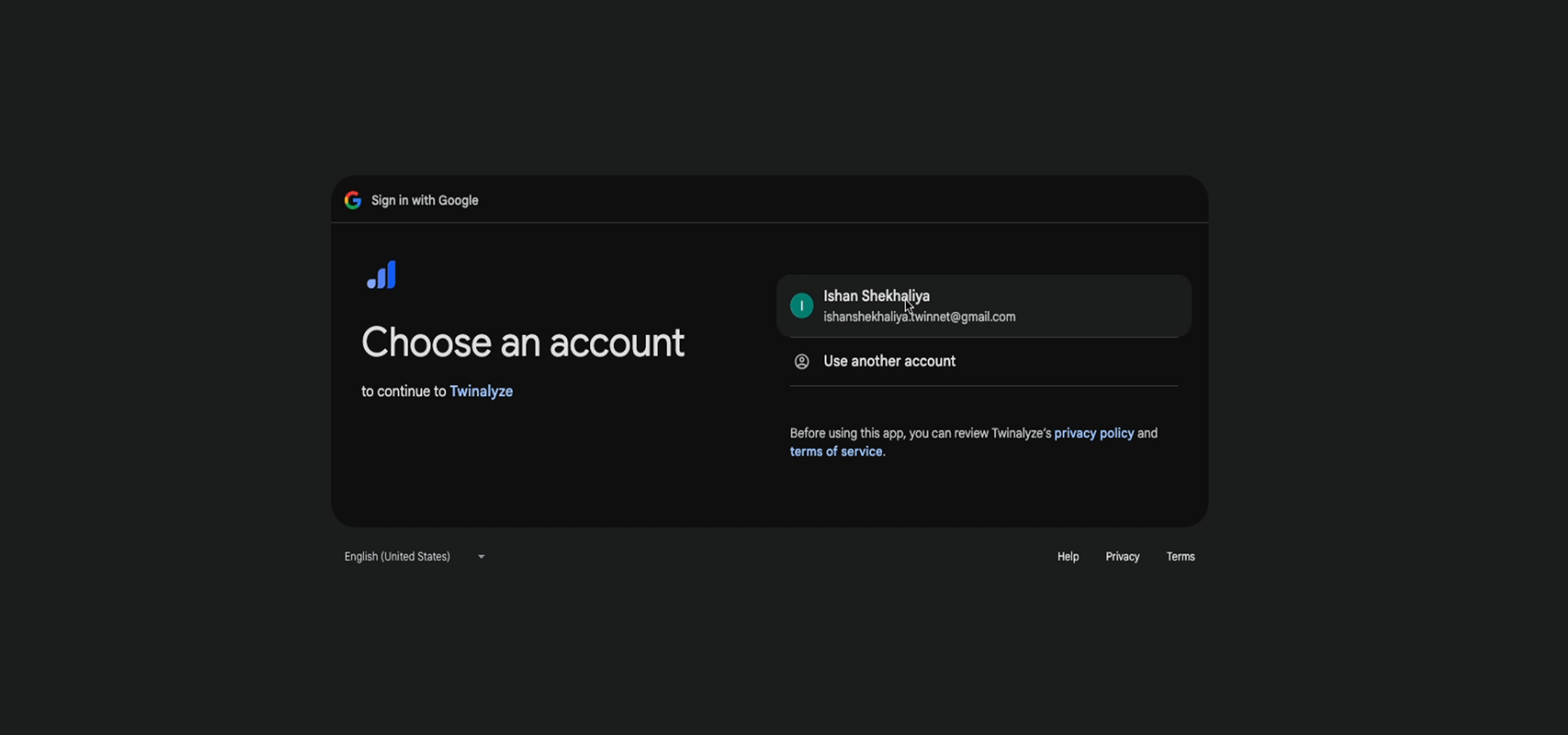 Choose a Google account to connect with Twinalyze