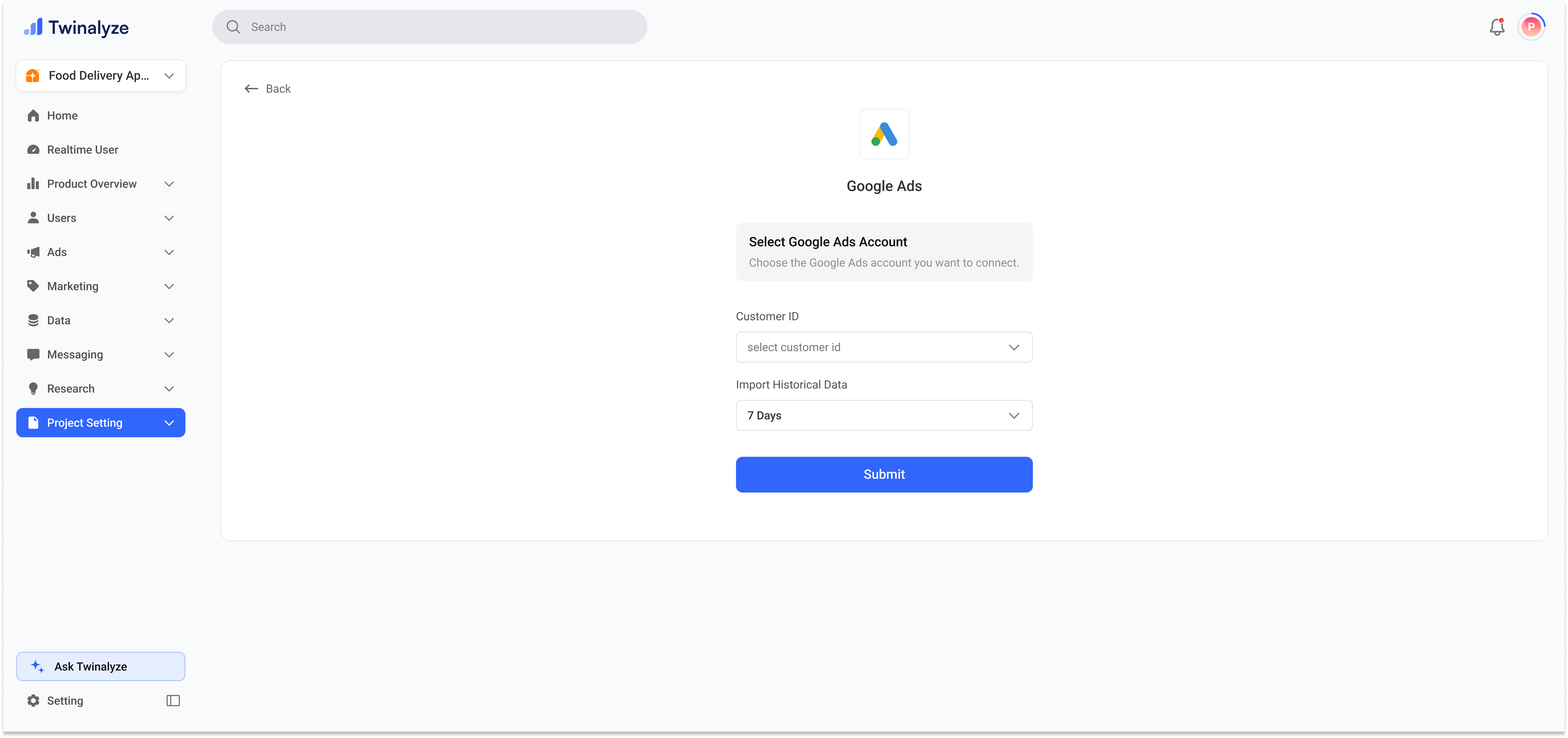 Select Google Ads customer ID and historical data period