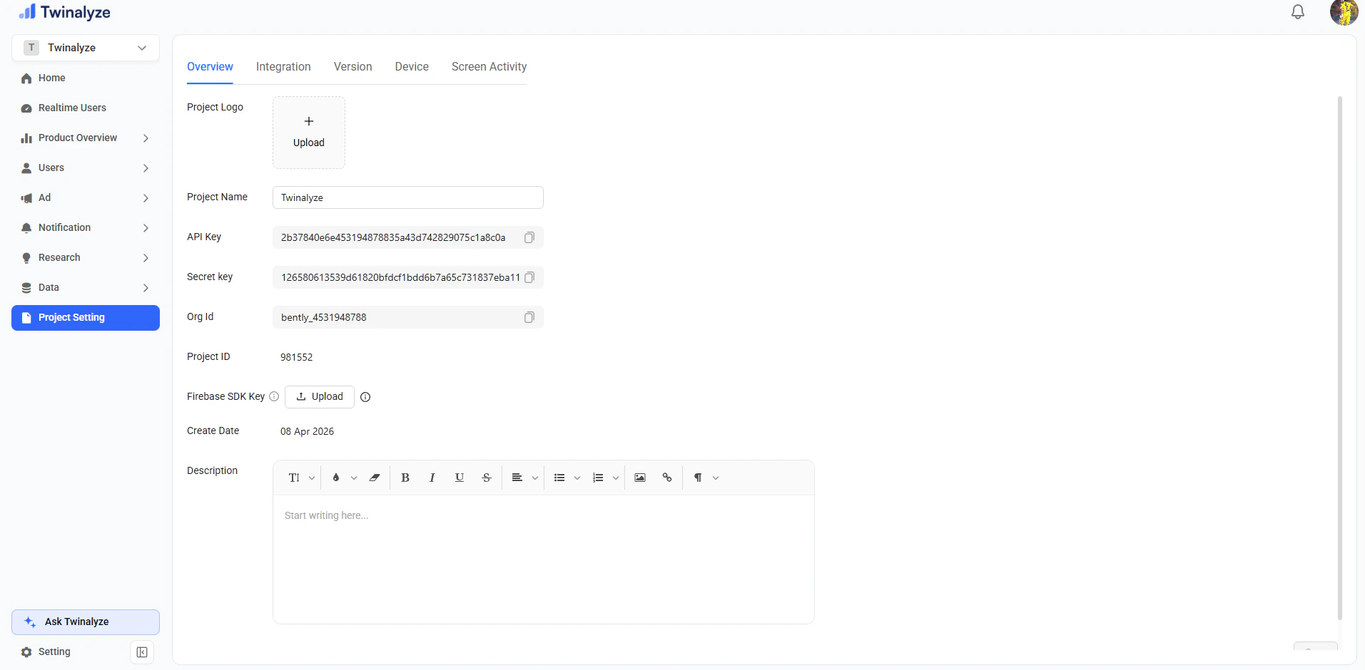 Twinalyze Project Setting overview screen