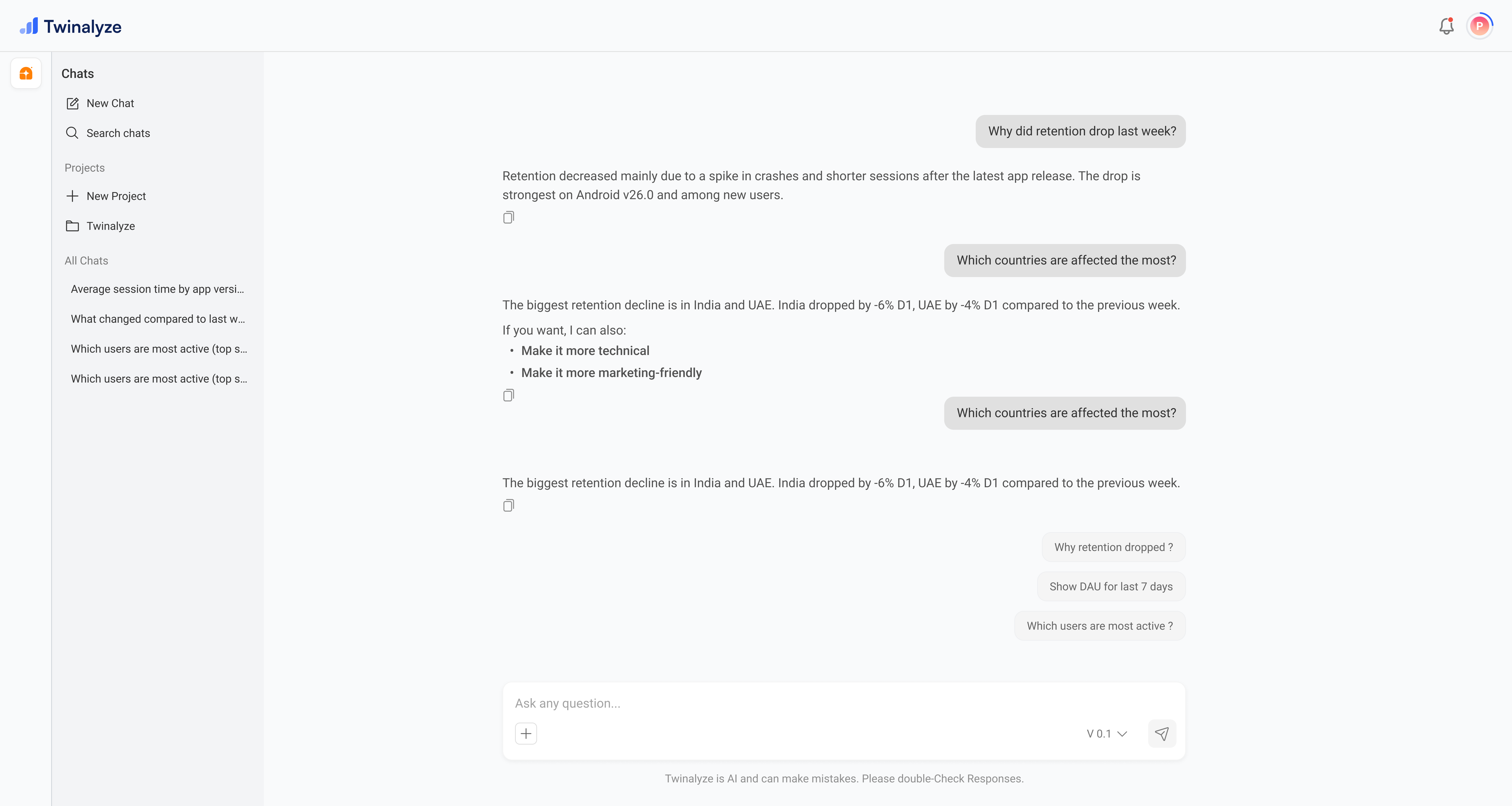 Twinalyze AI chat response with table result