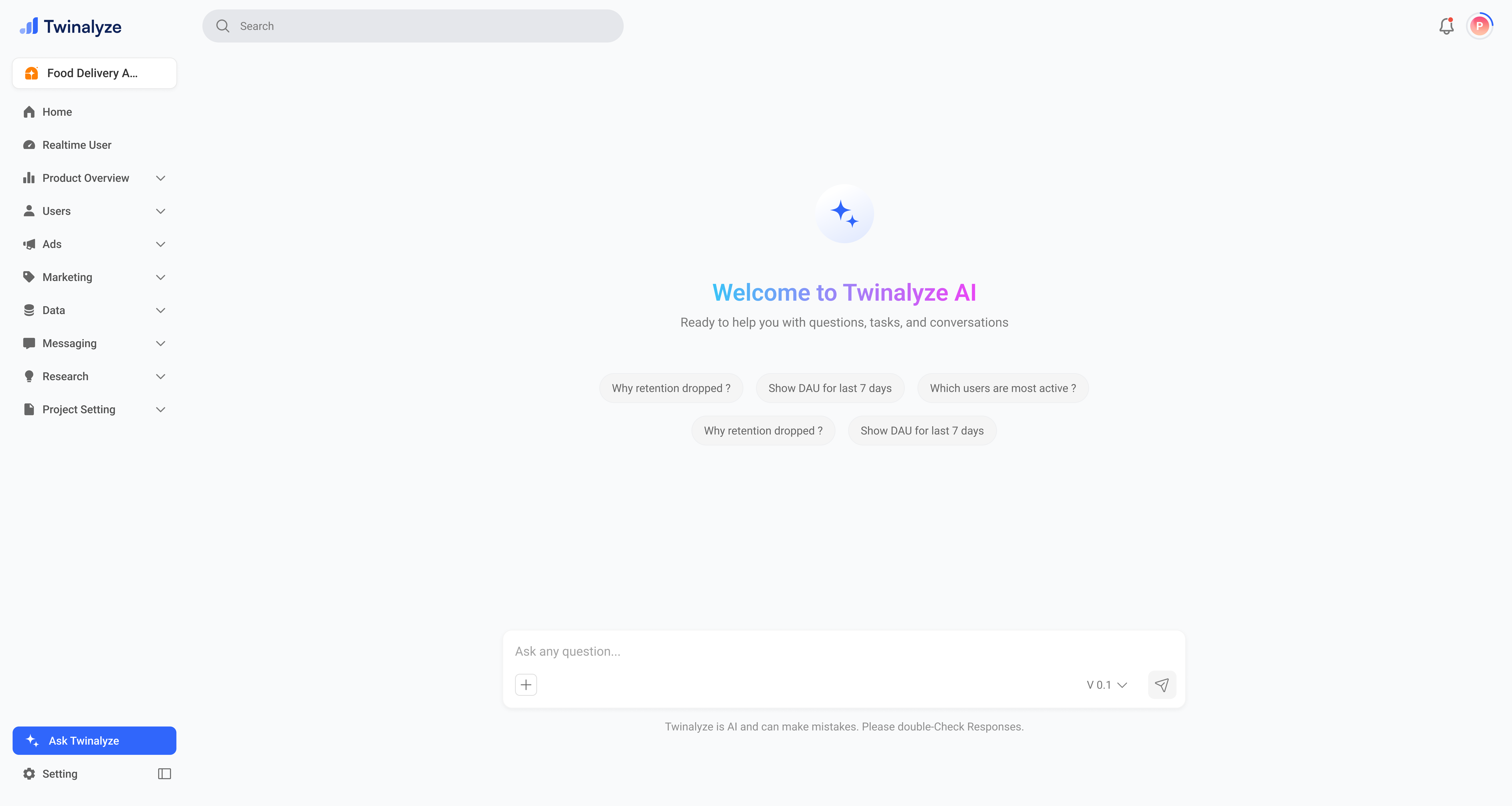 Twinalyze AI welcome screen