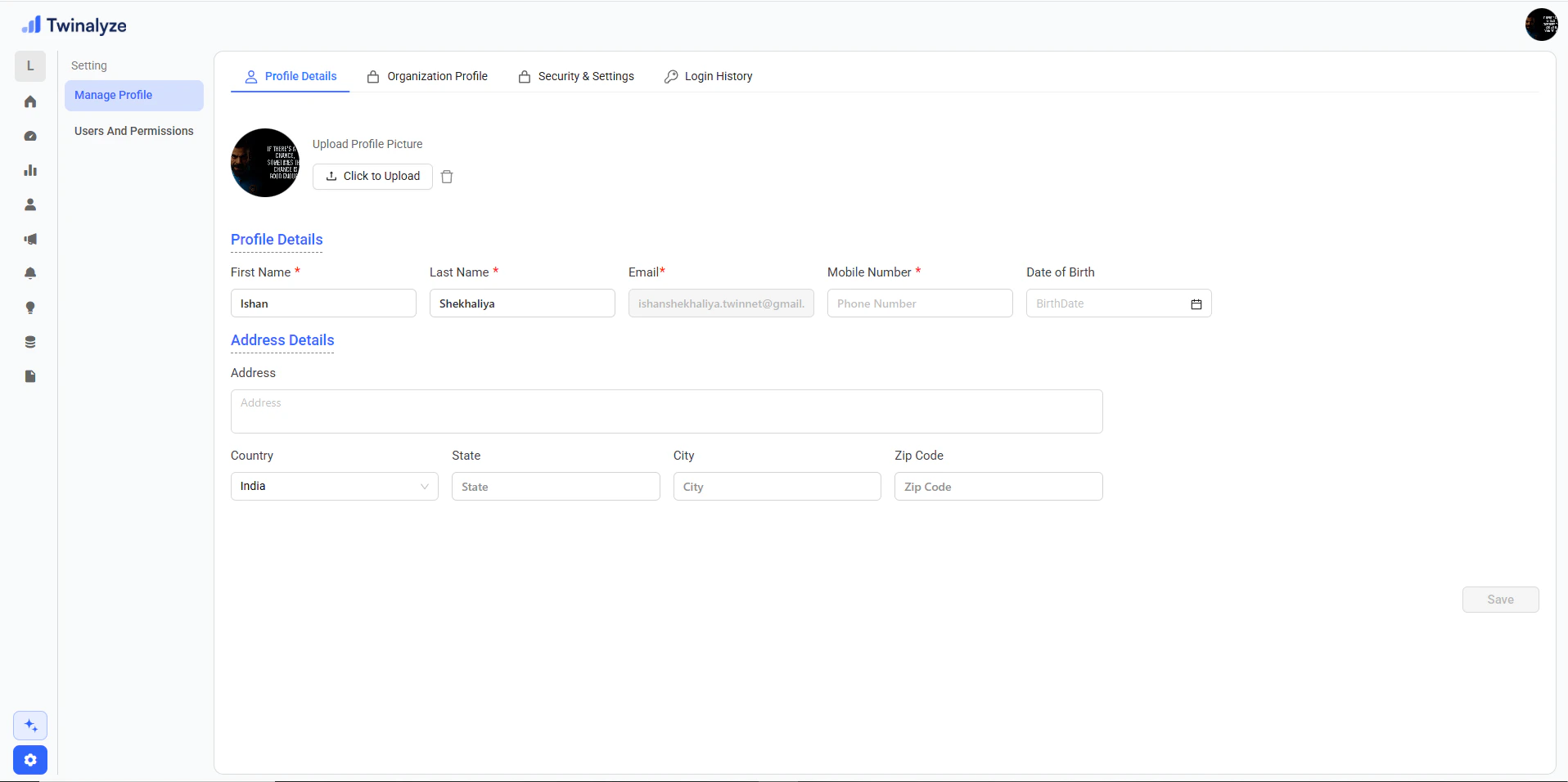 Twinalyze Profile Details settings page