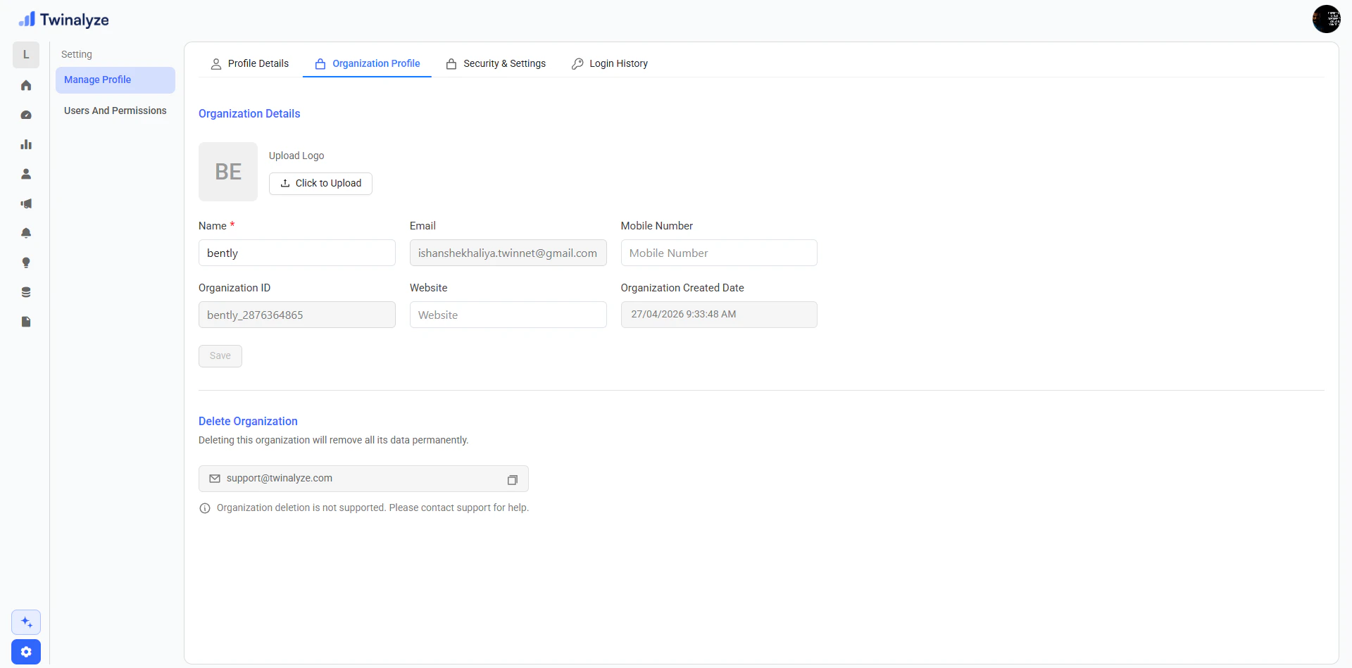 Twinalyze Organization Profile settings page