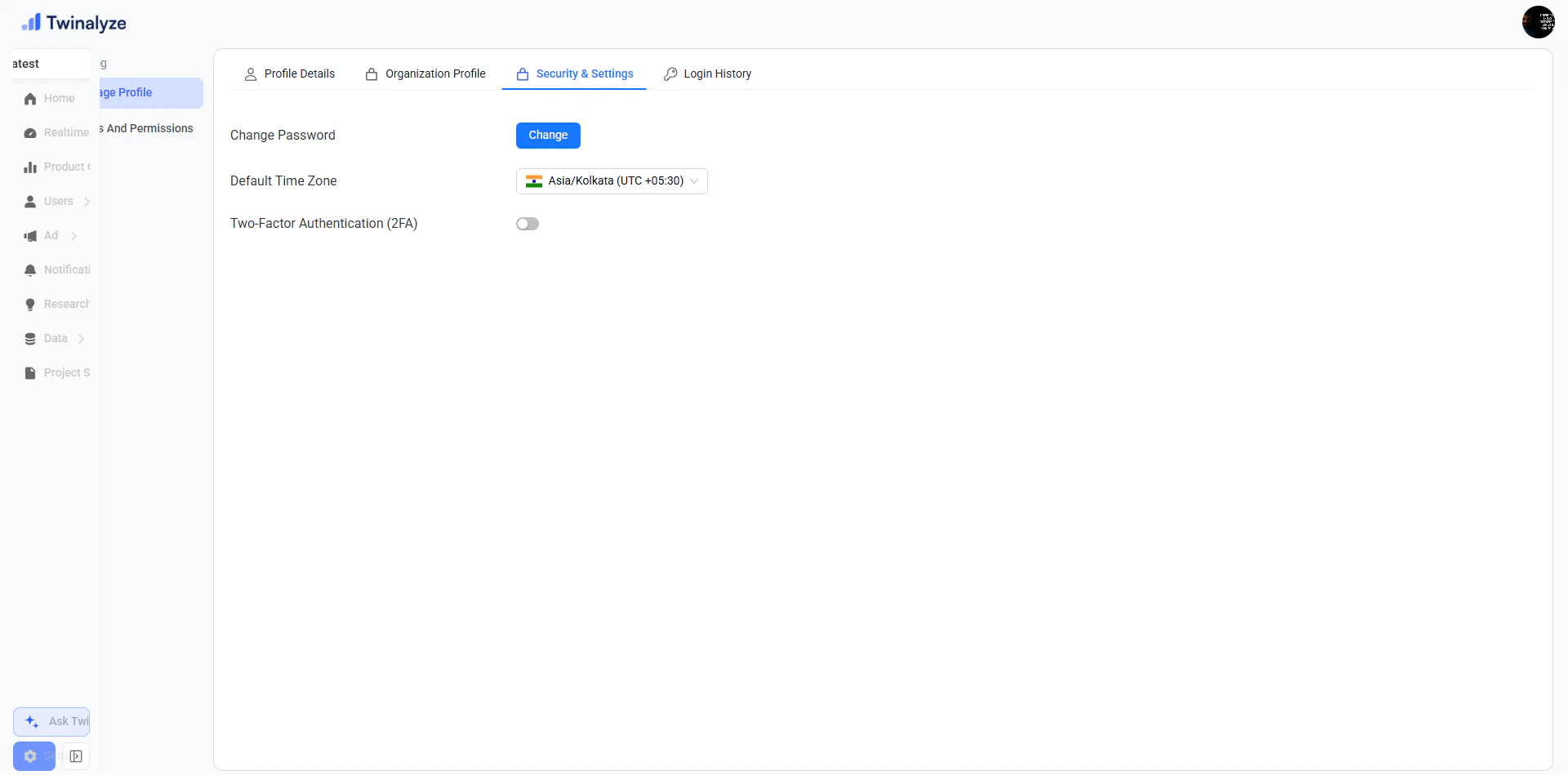 Twinalyze Security and Settings page