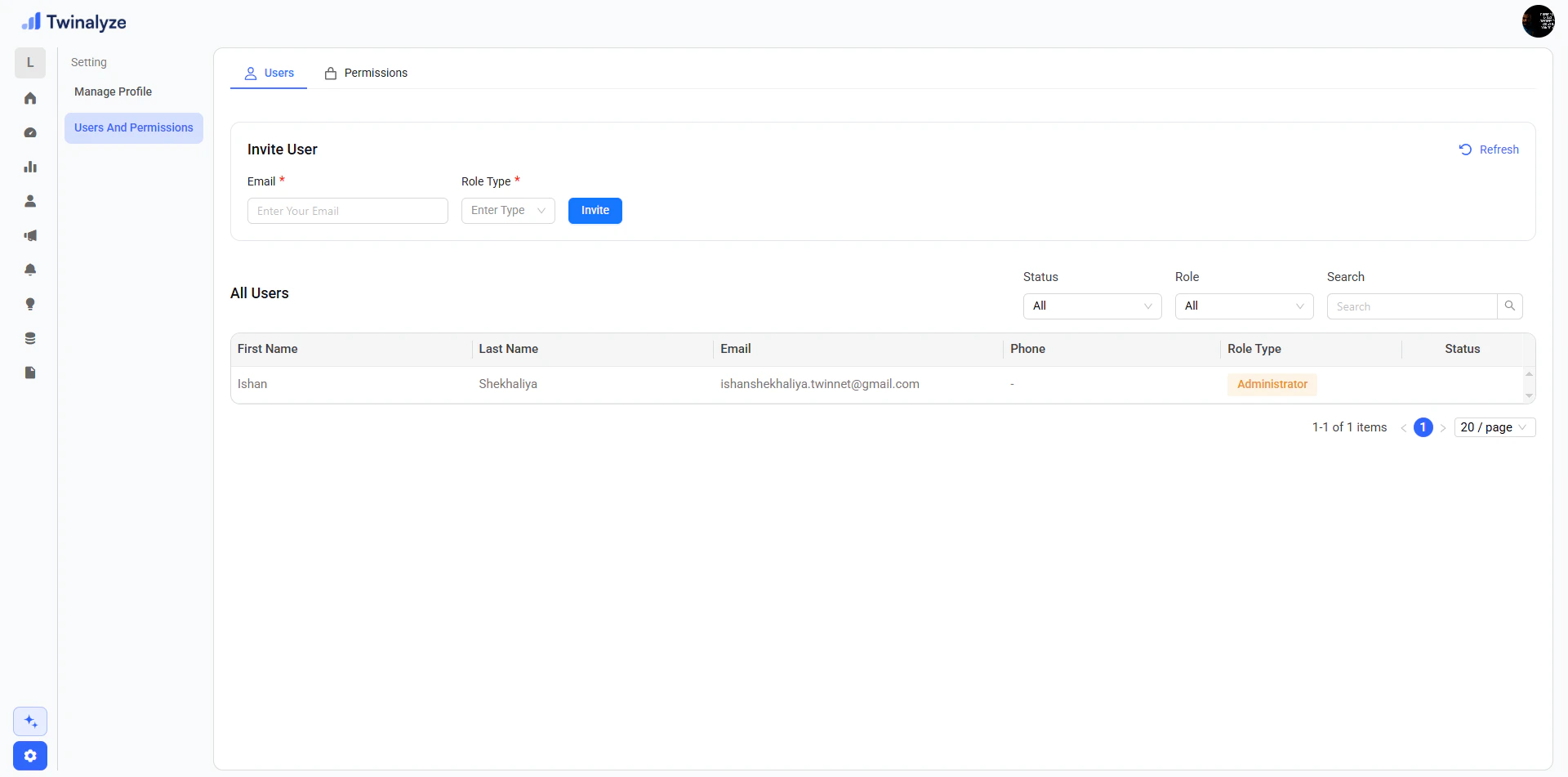 Twinalyze Users settings page