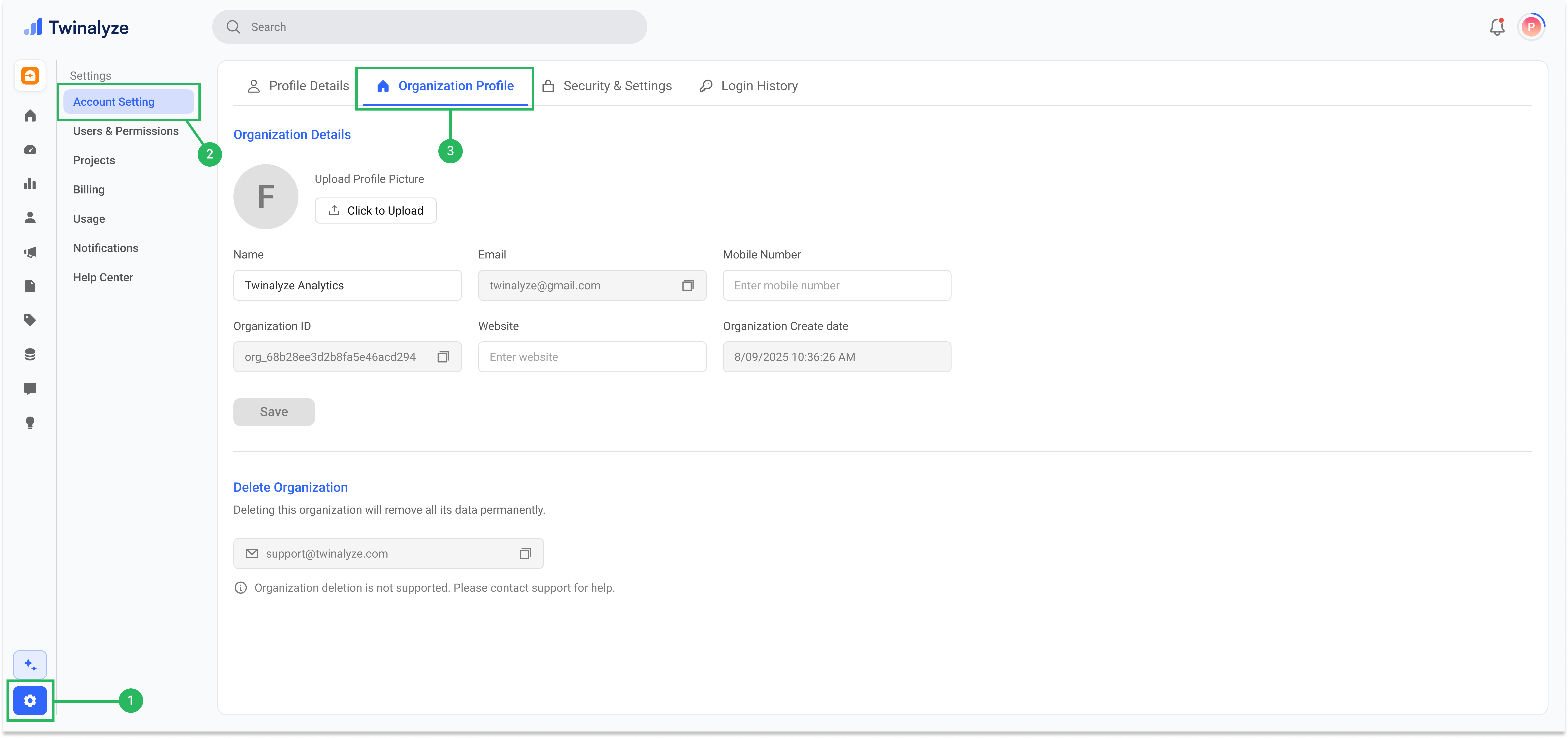 Edit organization details in Twinalyze