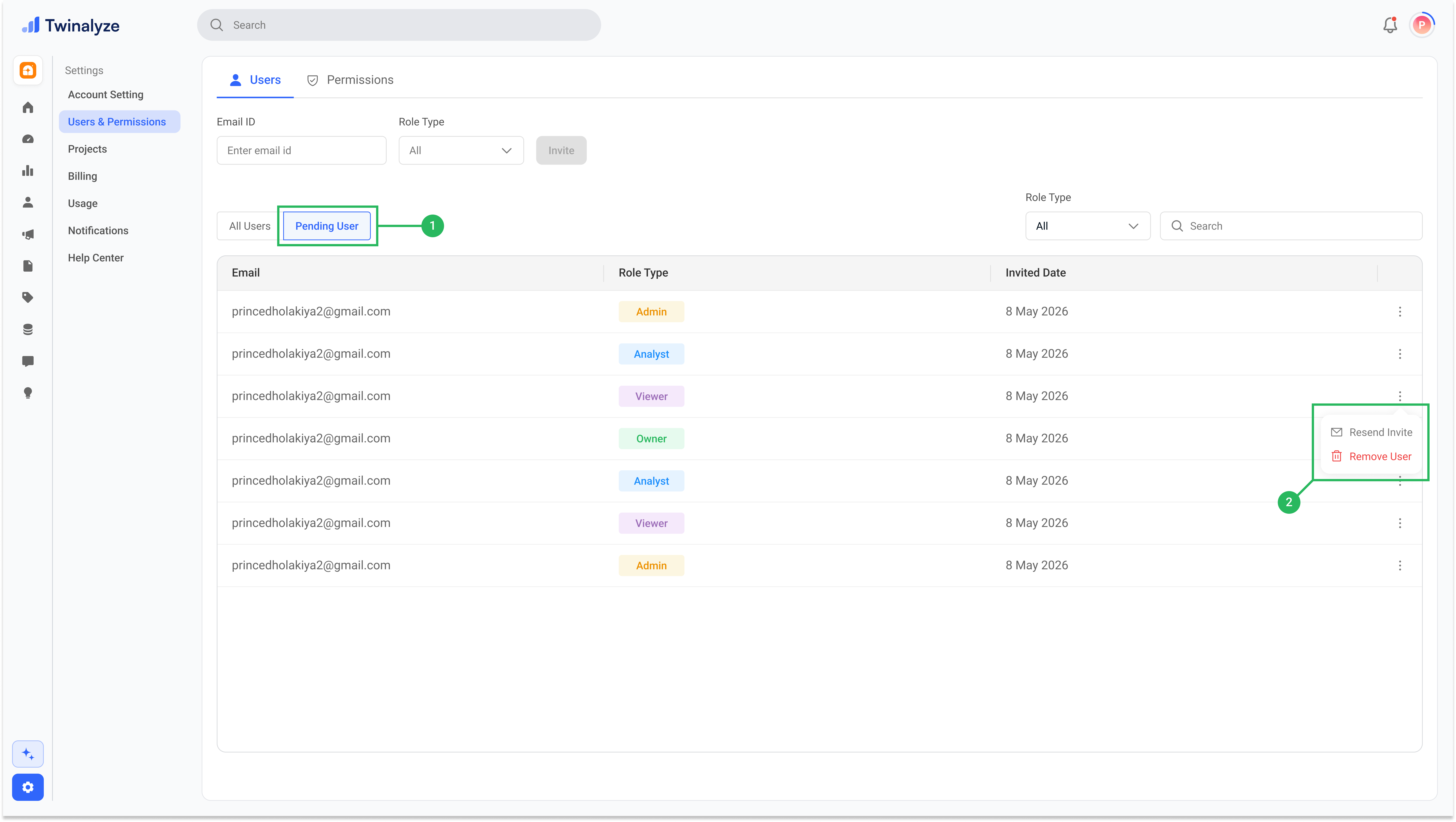 Twinalyze pending user invitations