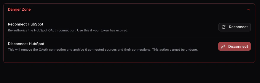 Chartcastr settings showing disconnect and reconnect options for HubSpot