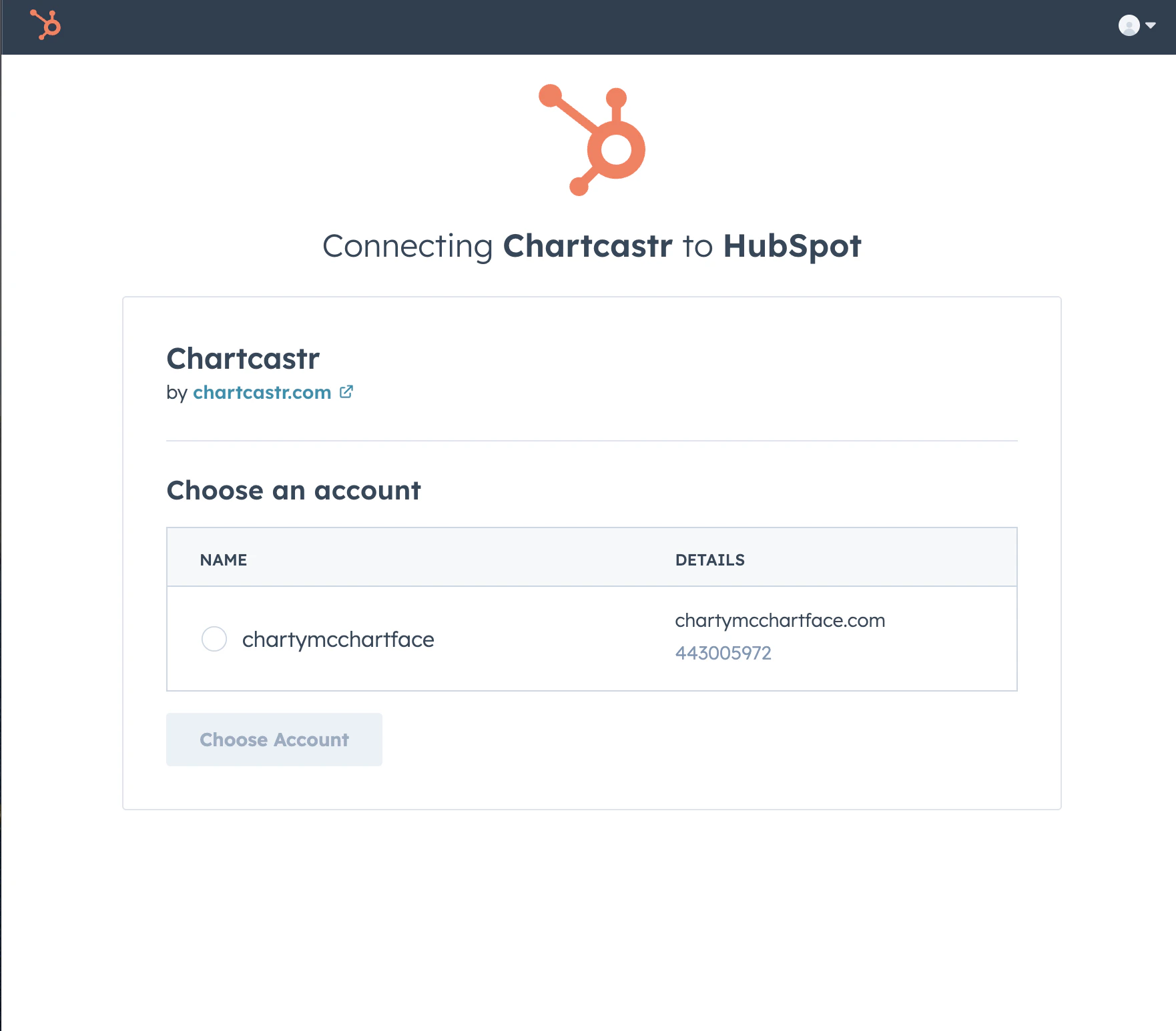 HubSpot account selection screen showing Choose an account