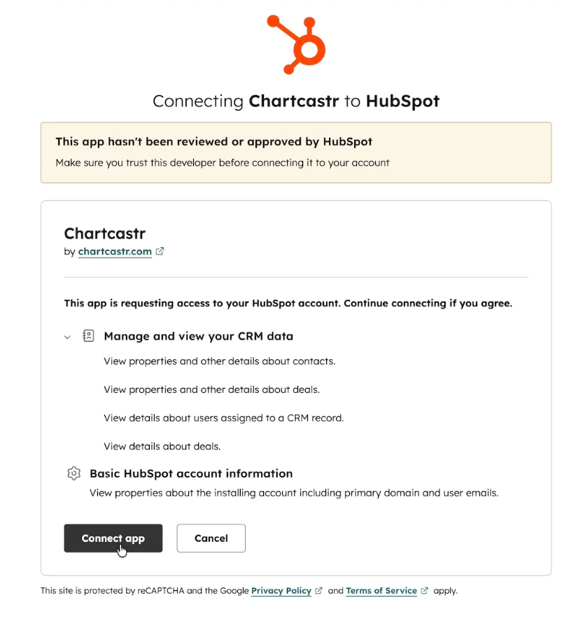 HubSpot OAuth scope approval screen showing read-only permissions requested by Chartcastr