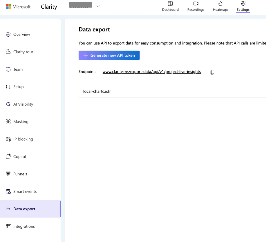 Microsoft Clarity Settings page on the Data export tab, showing the Generate new API token button and the export API endpoint URL