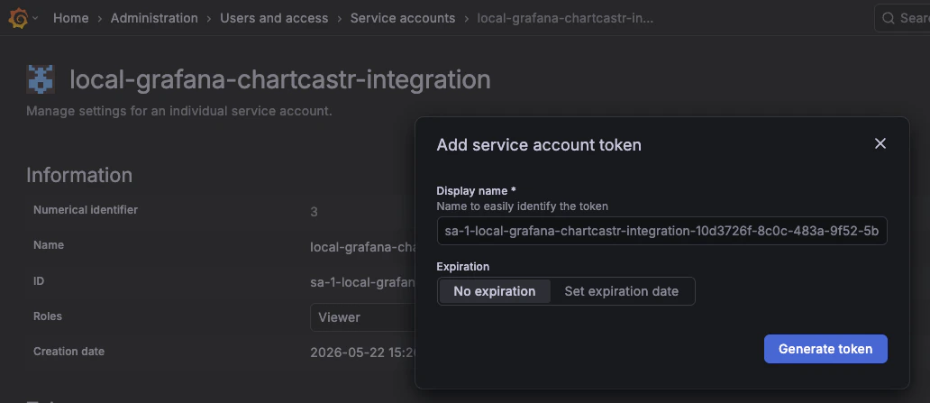 Grafana Add service account token dialog showing display name and expiration options