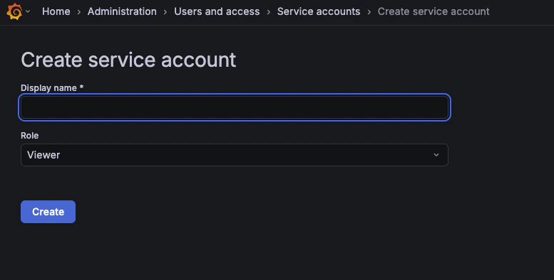 Grafana Create service account screen with Display name field and Role set to Viewer