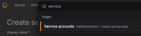 Grafana command palette with 'service' typed, showing Service accounts result under Administration > Users and access