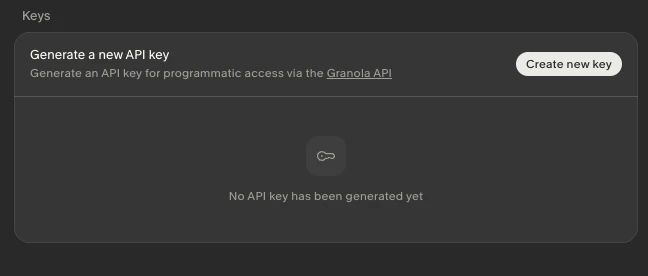 Granola API key settings screen