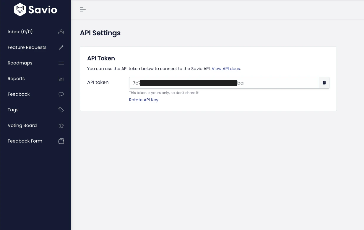Savio API Settings page showing the API token field with a copy button and a Rotate API Key link