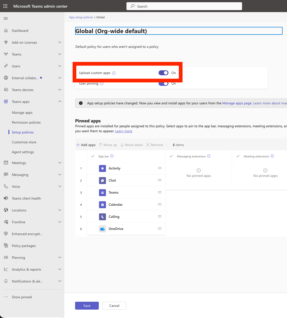 Teams Admin Center Setup policies Global page with the Upload custom apps toggle set to On