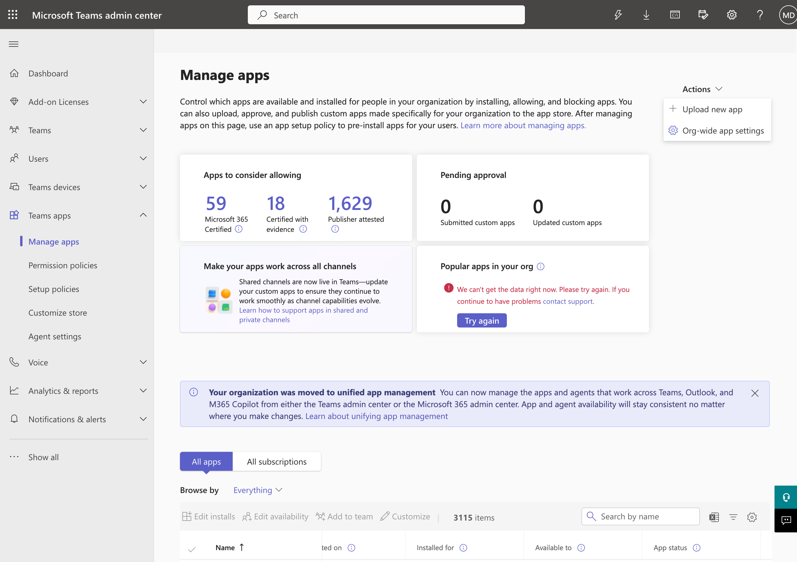 Microsoft Teams Admin Center Manage apps page with the Actions dropdown open, showing the Upload new app option