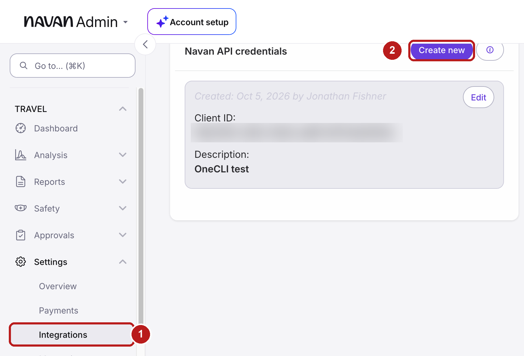 Navan Admin Integrations page with the Integrations menu item and the Create new button in the Navan API credentials section highlighted.