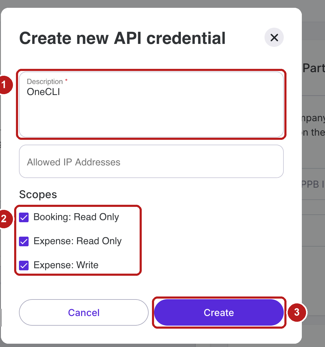 Navan Create new API credential dialog with the Description field, the three scope checkboxes, and the Create button highlighted.