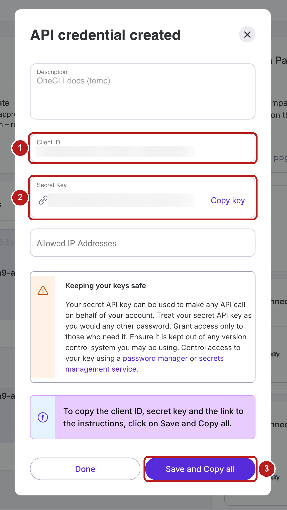 Navan API credential created dialog with the Client ID and Secret Key fields (values hidden) and the Save and Copy all button highlighted.