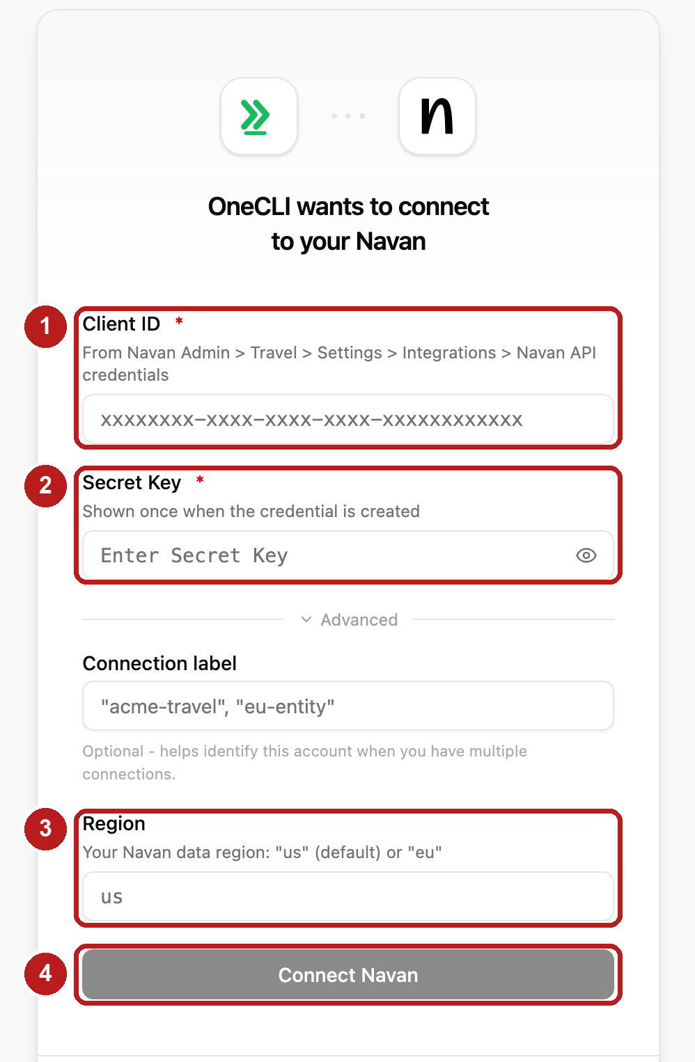 OneCLI connect window for Navan with the Client ID, Secret Key, and Region fields and the Connect Navan button highlighted. Advanced is expanded.
