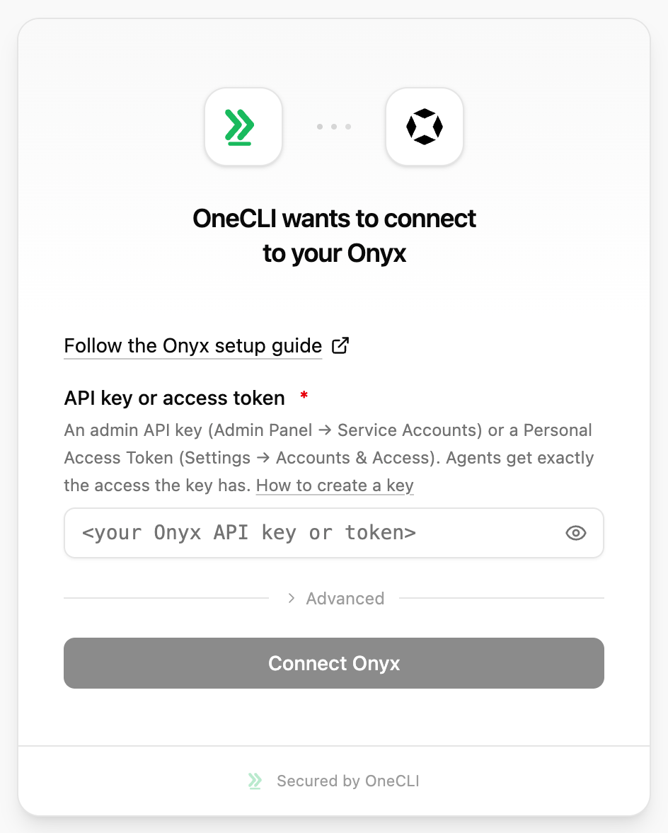 OneCLI connect window for Onyx, showing the setup guide link, the API key or access token field with a How to create a key link, and the Connect Onyx button.
