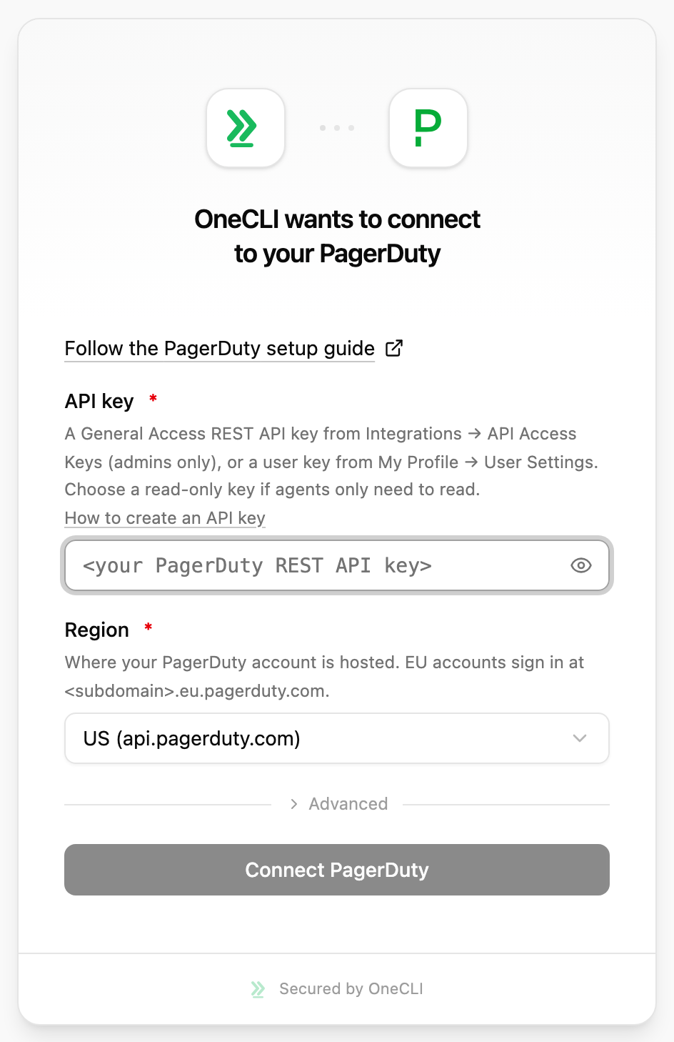 OneCLI connect window for PagerDuty, showing the setup guide link, the API key field with a link to PagerDuty's instructions, the Region dropdown set to US, and the Connect PagerDuty button.