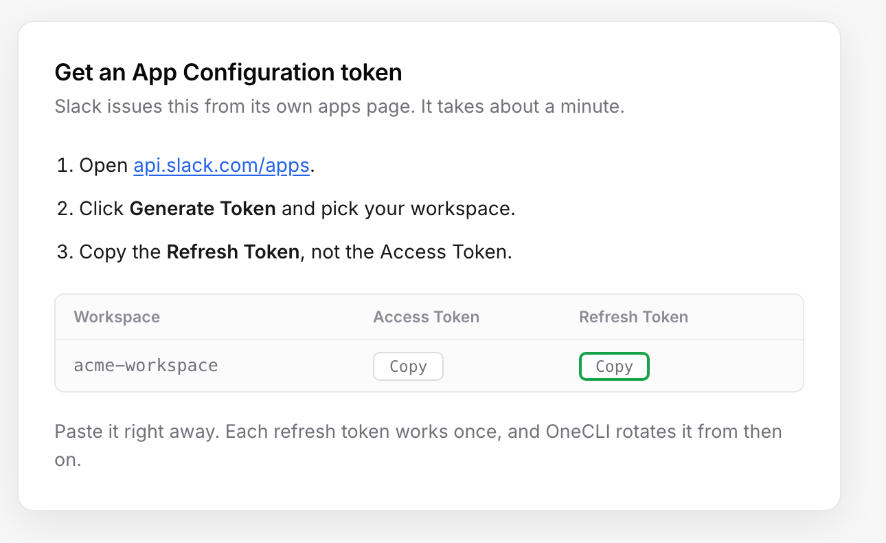 Slack's App Configuration Tokens table, with the Refresh Token column's Copy button highlighted next to the Access Token's identical button.