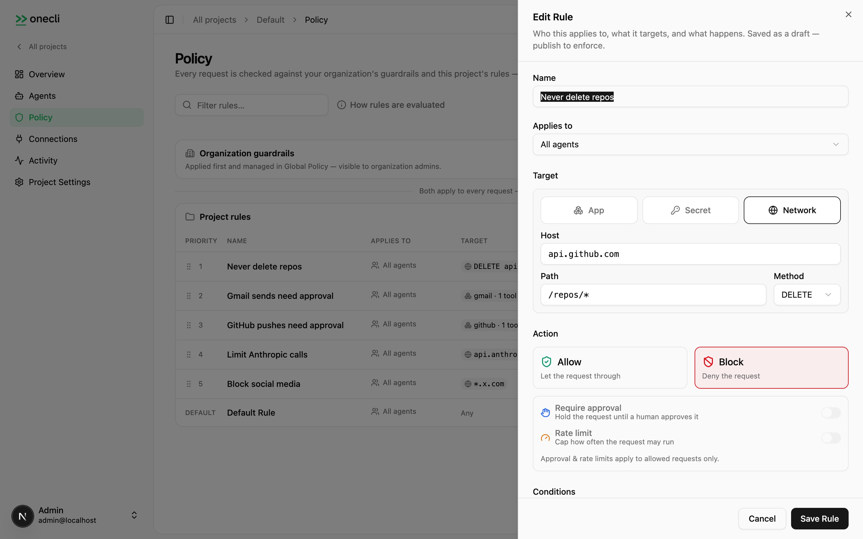 Authoring a rule: name, action, targets, and modifiers