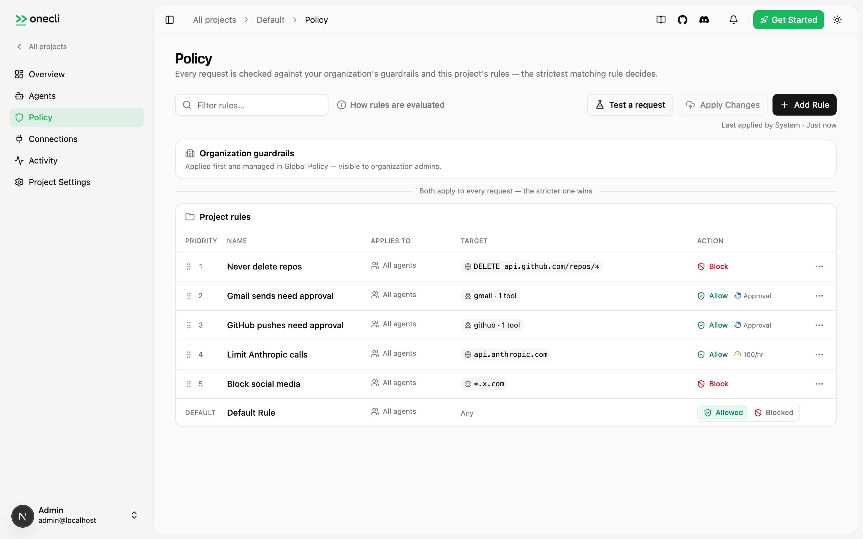 The Policy console: an ordered rule list evaluated top-down