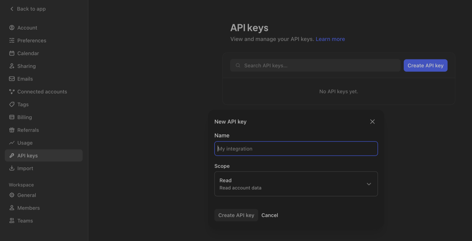 Circleback API keys settings page with the New API key dialog open, showing a Name field, a Scope dropdown set to Read, and the Create API key button.