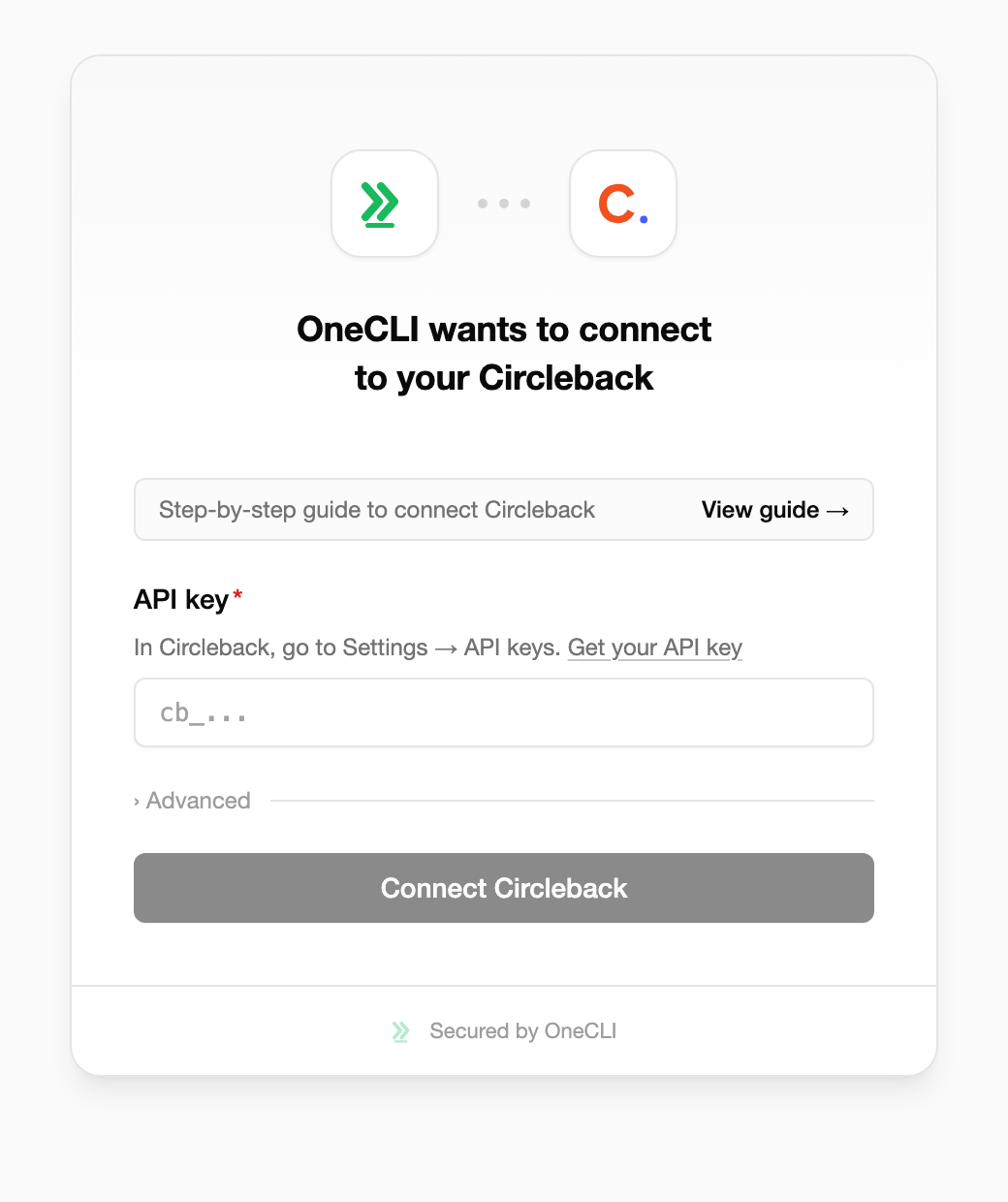OneCLI connect window for Circleback, showing a setup guide link, the API key field with a hint to go to Settings, API keys in Circleback, and the Connect Circleback button.