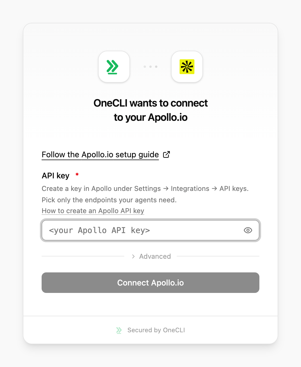 OneCLI connect dialog for Apollo.io, showing the required API key field, a link on how to create an Apollo API key, an Advanced section with an optional connection label, and the Connect Apollo.io button.