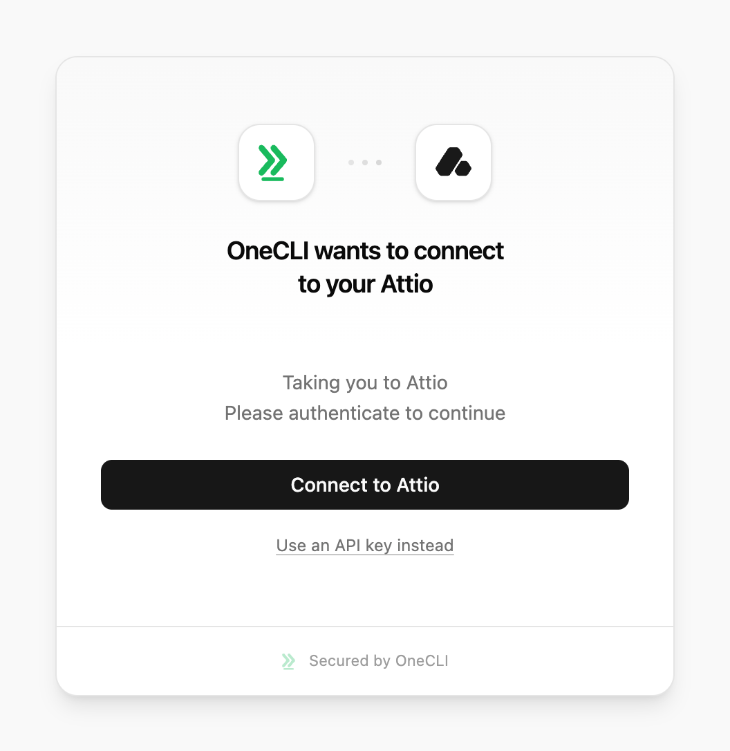 OneCLI connect window for Attio on Cloud, showing the Connect to Attio button.