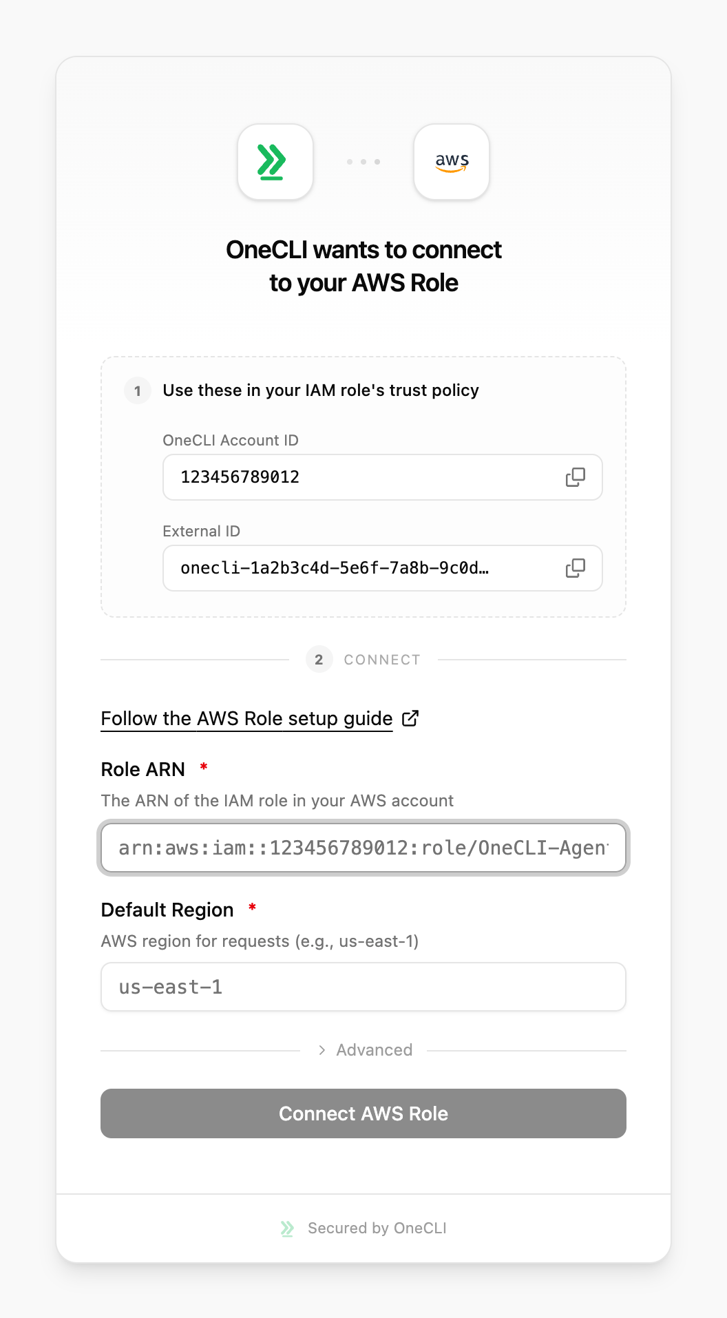 OneCLI connect window for AWS Role, showing step 1 with the OneCLI Account ID and External ID to copy, and the Role ARN and Default Region fields.