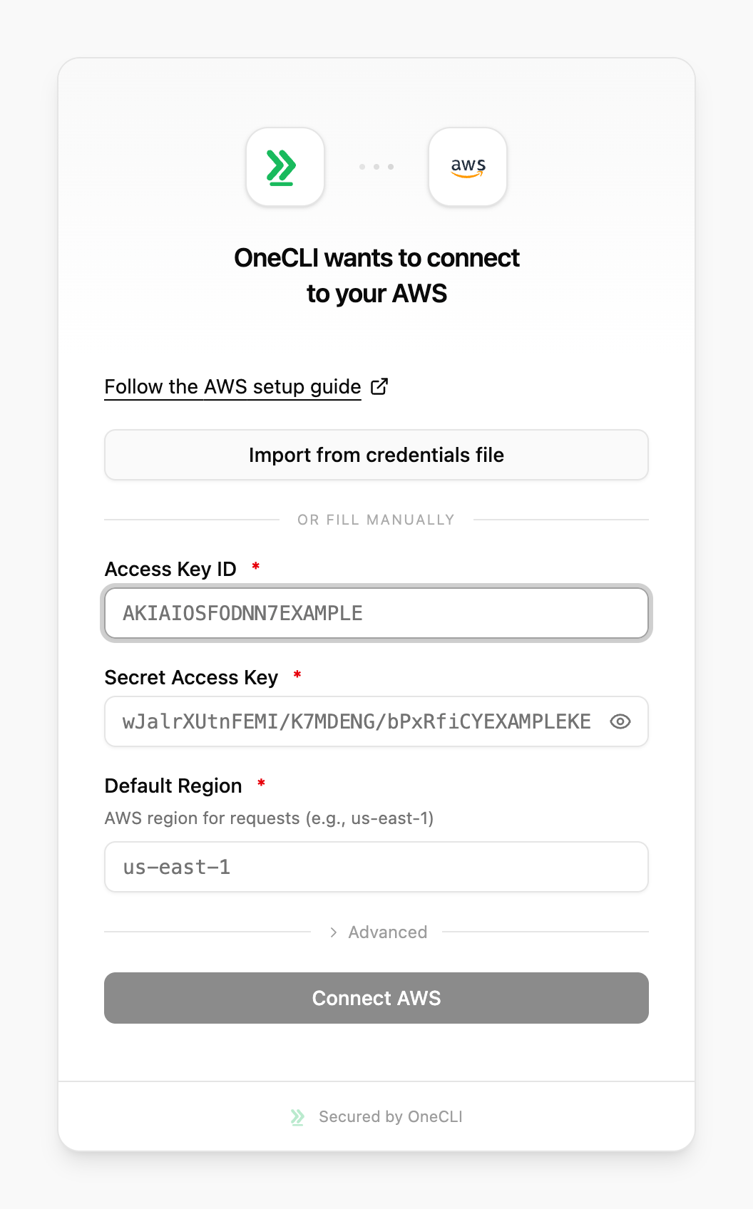OneCLI connect window for AWS, showing the setup guide link and the fields to fill in.
