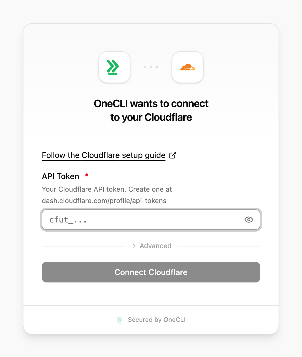 OneCLI connect window for Cloudflare, showing the setup guide link and the fields to fill in.