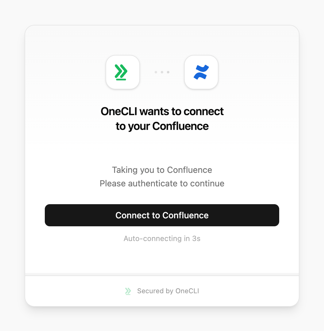 OneCLI connect window for Confluence, showing the OneCLI and Confluence logos, the Connect to Confluence button, and an auto-connect countdown.