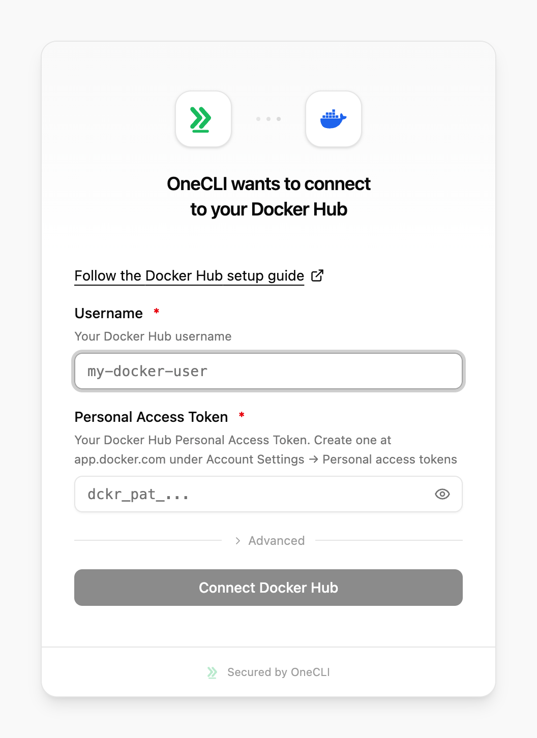 OneCLI connect window for Docker Hub, showing the setup guide link, the Username and Personal Access Token fields, and the Connect Docker Hub button.