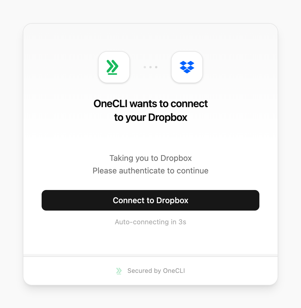 OneCLI connect window for Dropbox on Cloud, showing the Connect to Dropbox button.
