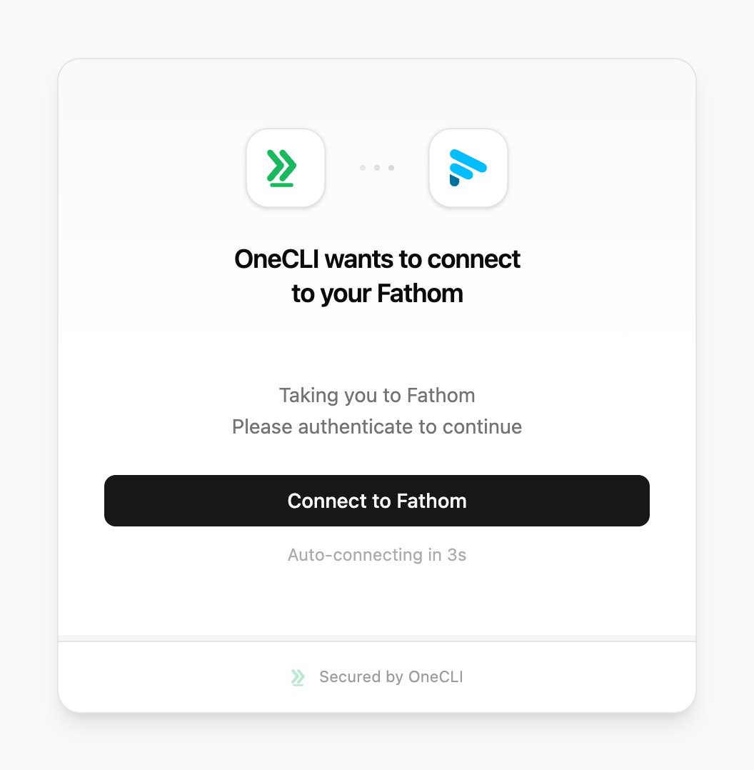OneCLI connect window for Fathom, showing the setup guide link and the Connect to Fathom button.