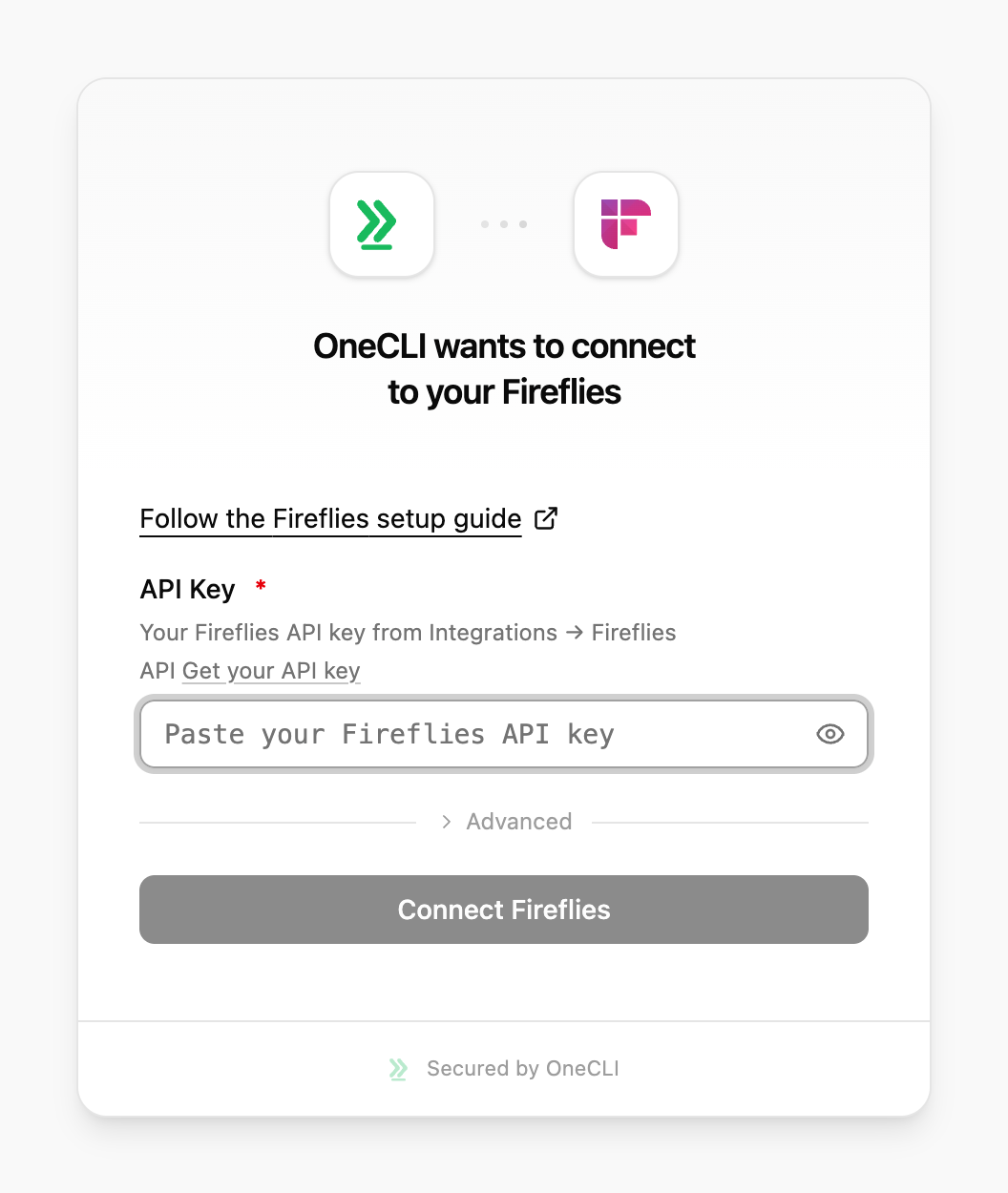 OneCLI connect window for Fireflies, showing the setup guide link, the API Key field, and the Connect Fireflies button.