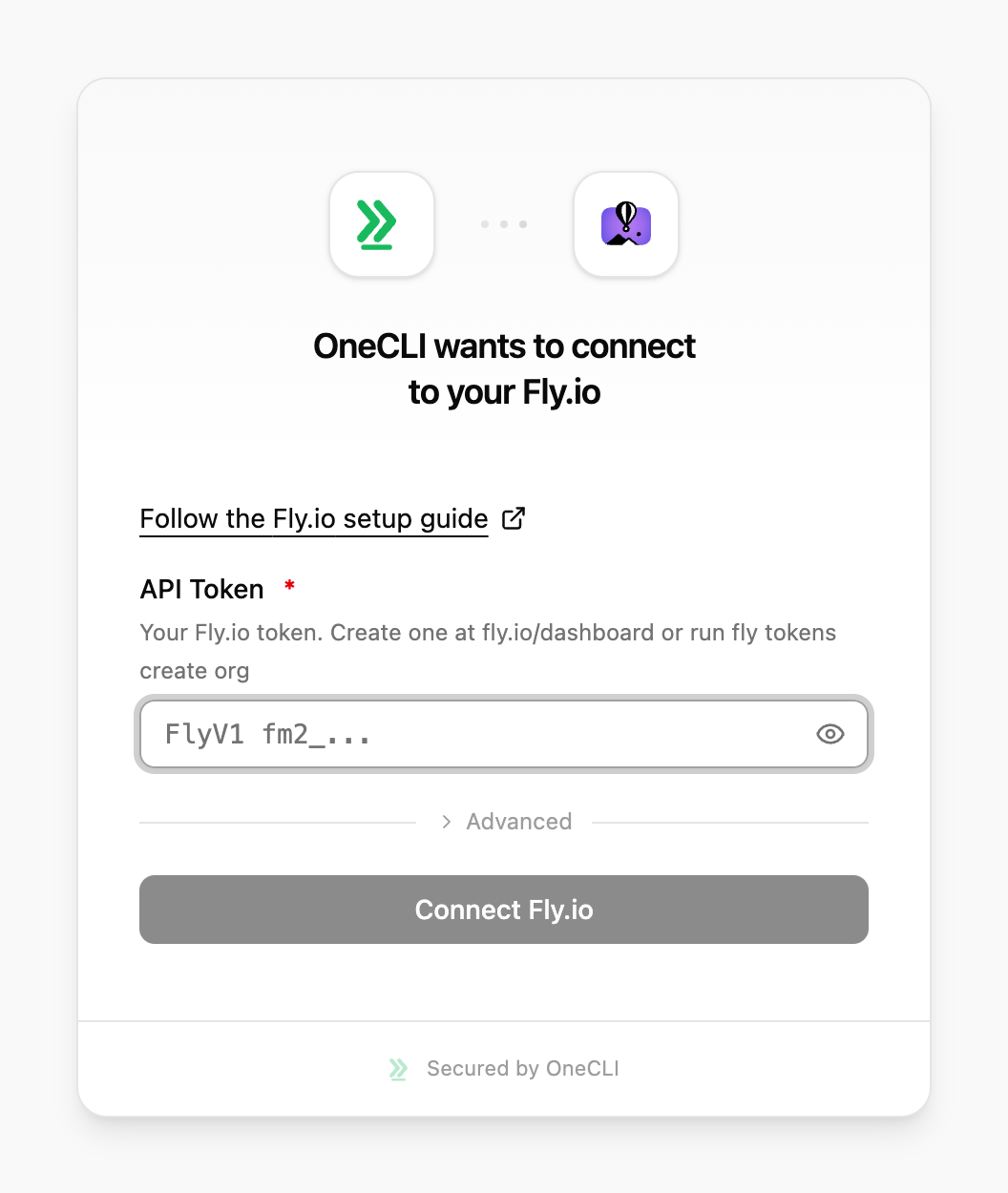 OneCLI connect window for Fly.io, showing the setup guide link and the fields to fill in.