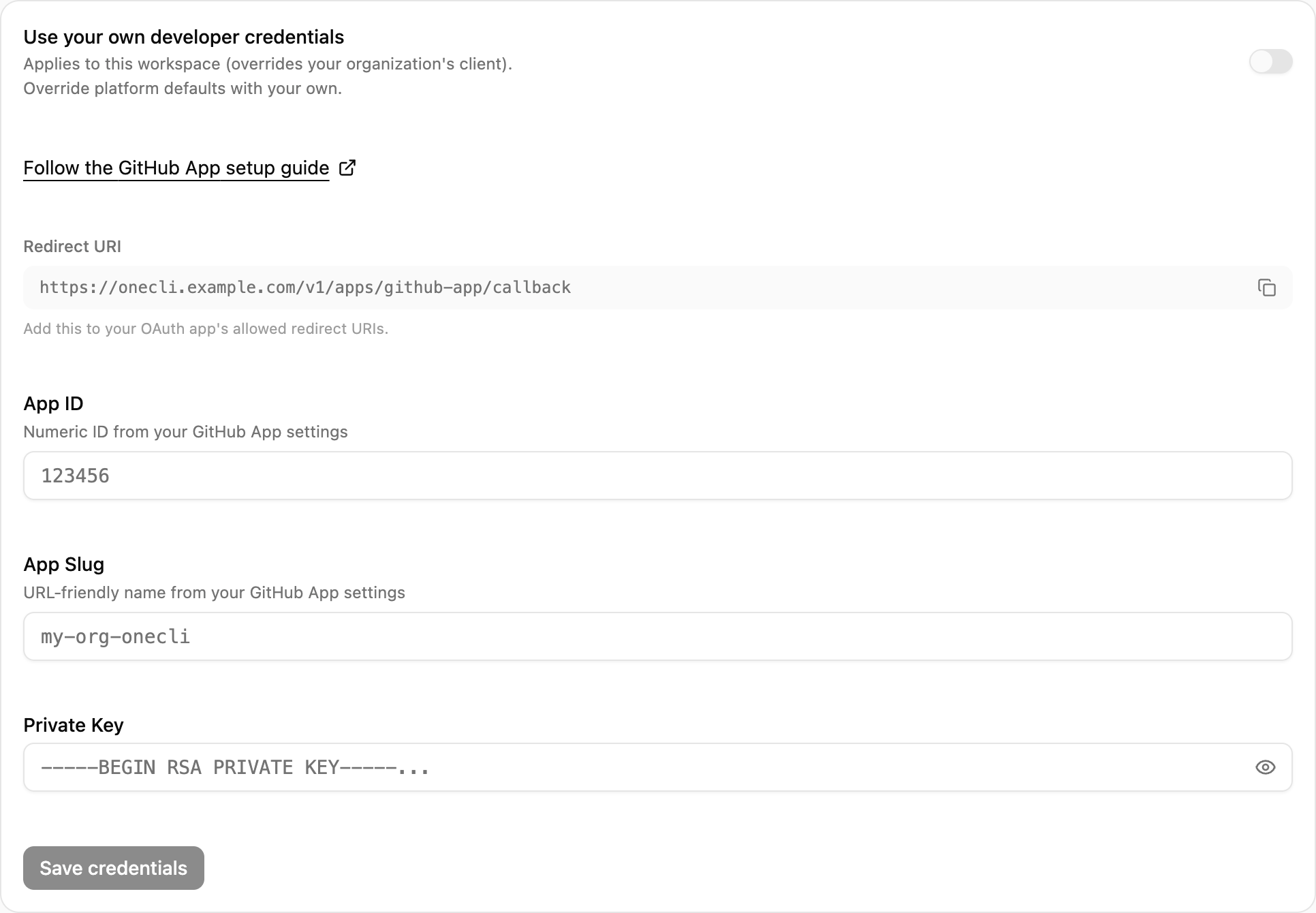 OneCLI Custom credentials card for GitHub App with the setup guide link, the Redirect URI and its copy button, and the App ID, App Slug, and Private Key fields.