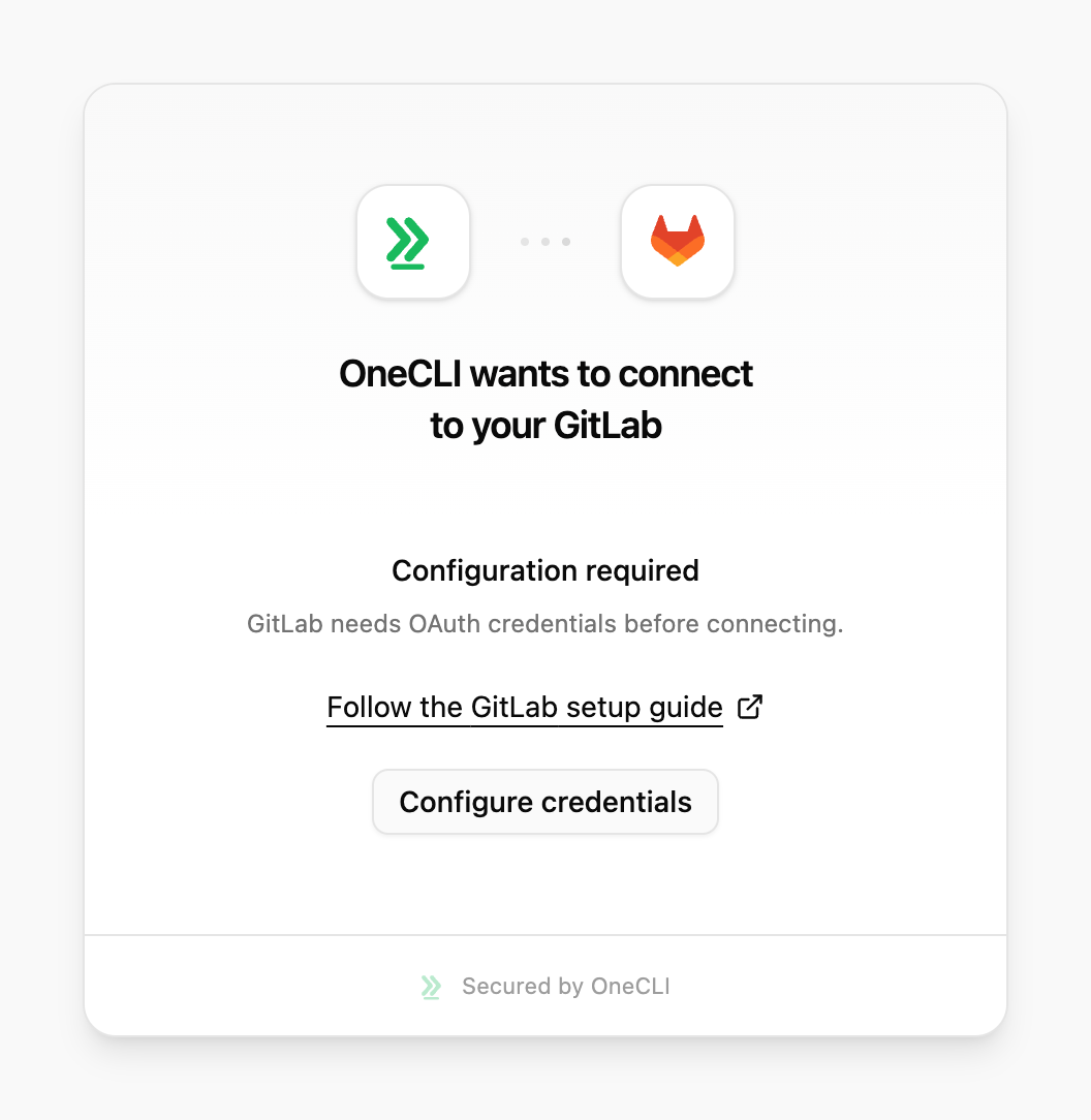 OneCLI connect window for GitLab showing Configuration required, the setup guide link, and the Configure credentials button.