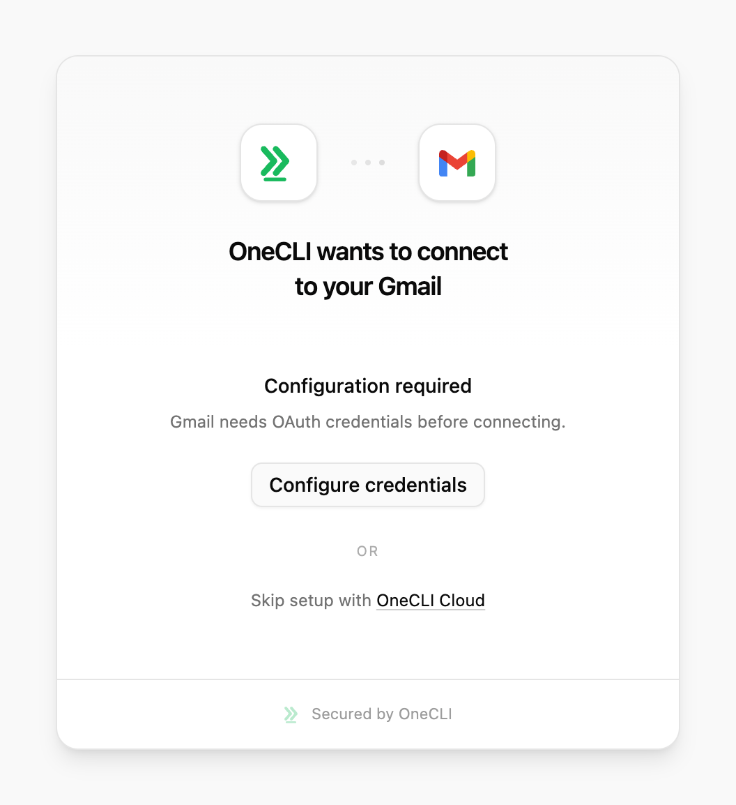 OneCLI connect window for Gmail showing Configuration required and the Configure credentials button.