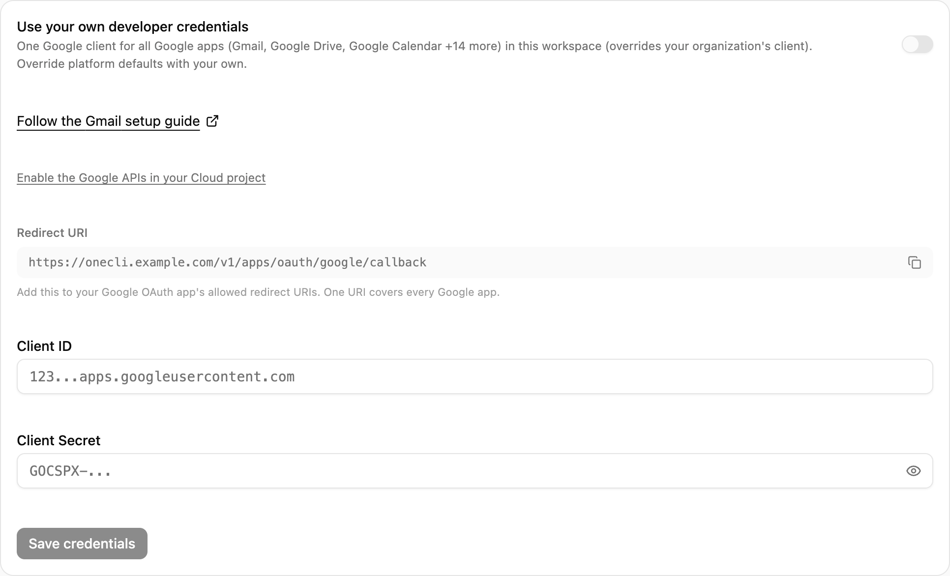 OneCLI Custom credentials card for Gmail with the setup guide link, the Redirect URI and its copy button, and the Client ID and Client Secret fields.