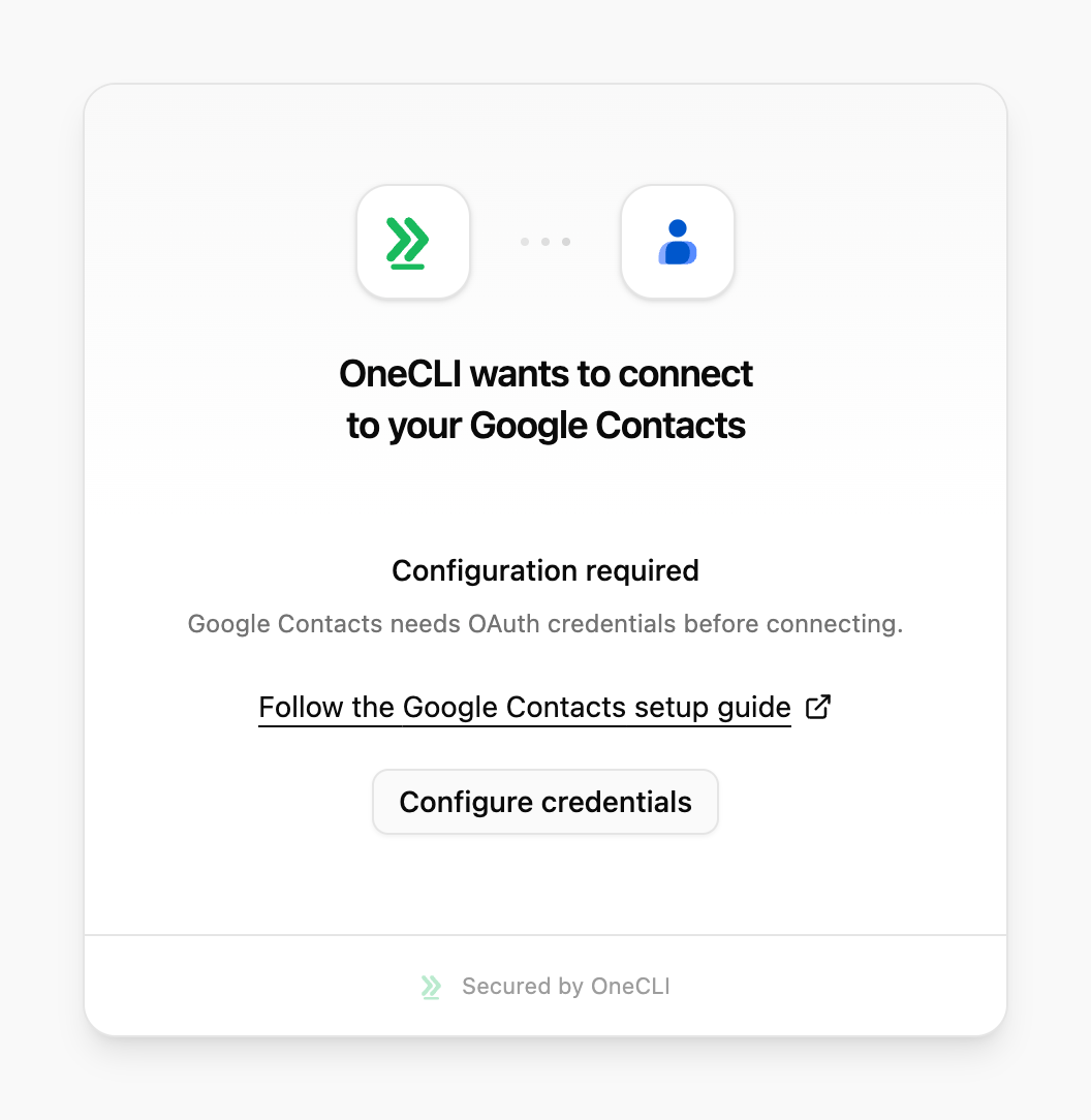 OneCLI connect window for Google Contacts showing Configuration required, the setup guide link, and the Configure credentials button.